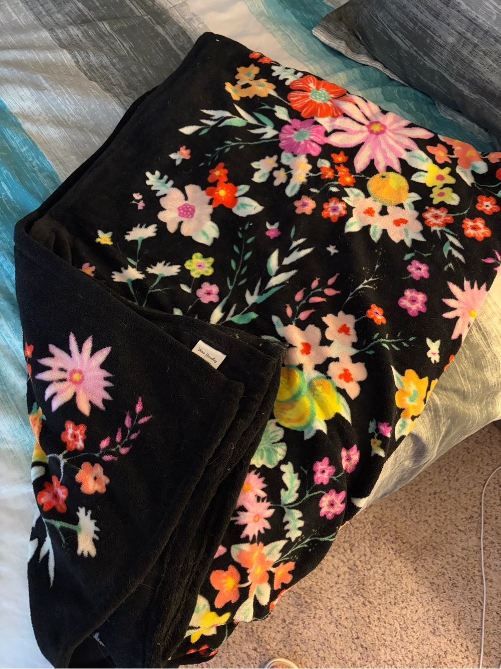 Vera Bradley Floral Plush Throw Blanket - Black Background w/ Multicolor Flowers